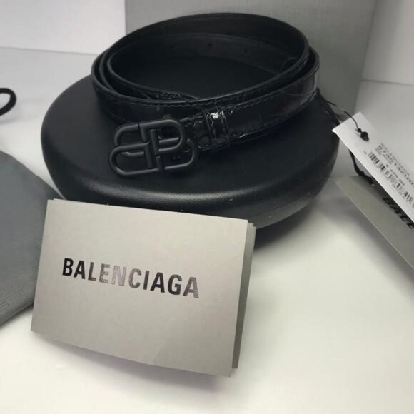 New Authentic Balenciaga BB Logo Buckle Croc Embossed Leather Skinny Belt - Picture 4 of 14